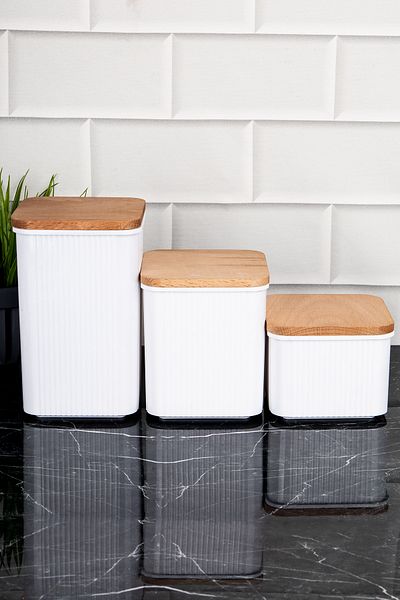 DNS HOME 3-Piece Striped Model 3 Size Acrylic Square Wooden Vacuum Lid Labeled Food Storage Container Spice Rack