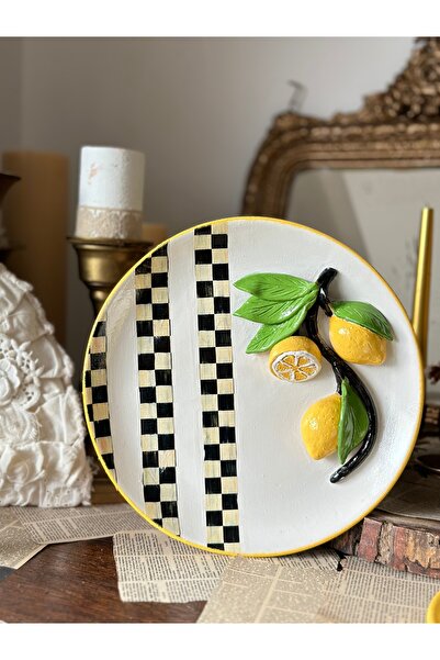 Handmadesign Limonlu El Yapımı Boyutlu Kapaklı Seramik Sunumluk Duvar Tabak Mackenzie Limon desen Sarı