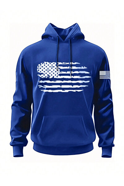 YUVEST BLACKROCK Unisex Oversize USA Baskılı Saks Mavisi Kapüşonlu Sweatshirt