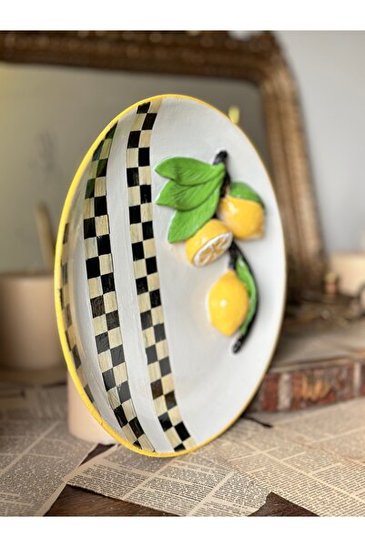 Handmadesign Limonlu El Yapımı Boyutlu Kapaklı Seramik Sunumluk Duvar Tabak Mackenzie Limon desen Sarı