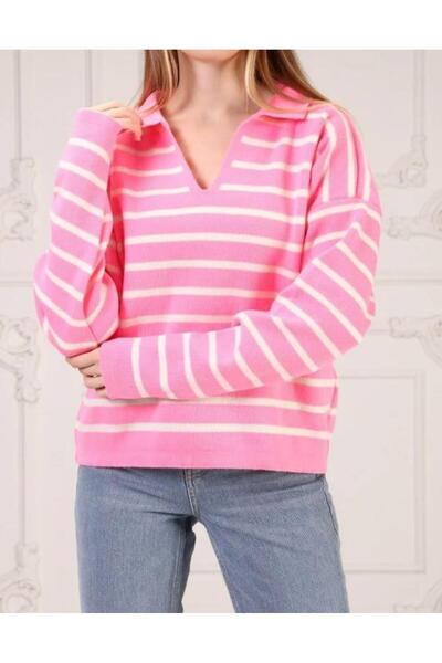 LocaMz Polo Neck Candy Pink Striped Knitwear Sweater
