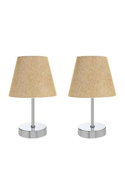 Art&Gift Beige Fabric Metal Leg Chrome Set - Double Lampshade Table Lamp
