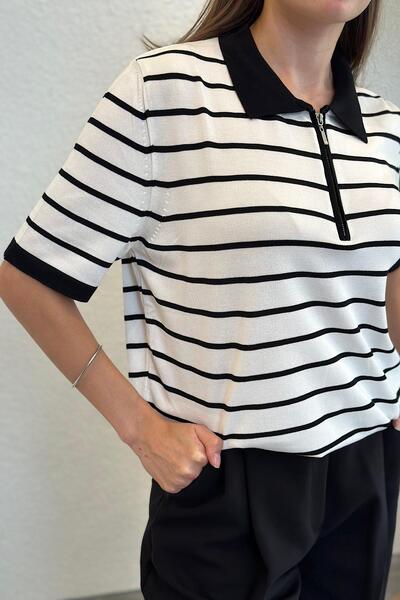 novon Premium Mercerized Knitwear - Polo Fleece, Zipper Collar, Striped