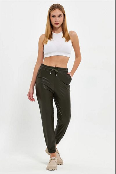 VERA LİFE Leather Jogger Pants with Elastic Waist and Legs, Ribbed Inside / Fleece Laced