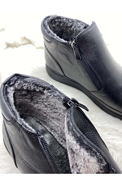 ÇİĞDEM KUNDURA Çiğdem Μαύρα μποτάκια από γνήσιο δέρμα με διπλό φερμουάρ στο πλάι με γούνα μέσα (gamze 720)