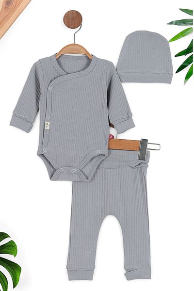 voyyo kids baby Unisex Baby Ribbed Snap Hat Zibin Set 3 Pieces - 0-3-6-9-12 Months R1251