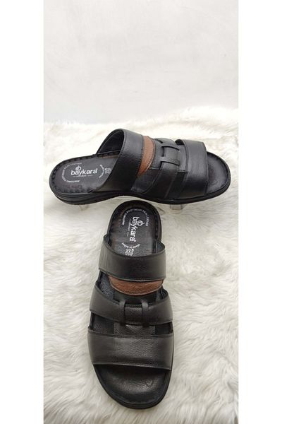 ÇİĞDEM KUNDURA Orthopedic Large Size Slippers - Çiğdem Real Leather, Black-Brown