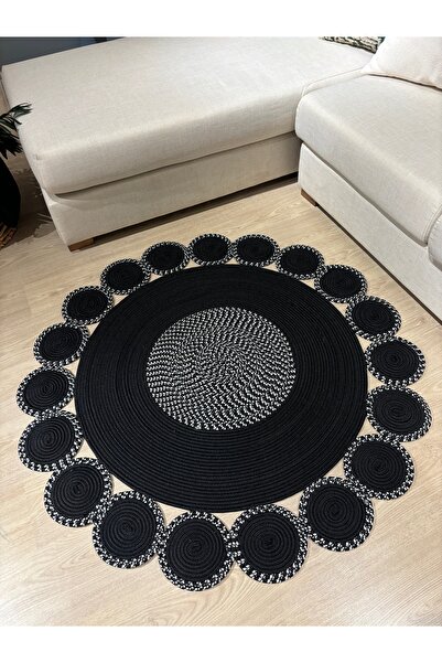 MaVaux Siyah Jüt Hasırlı El Örgüsü Kilim Halı Hasır Yuvarlak