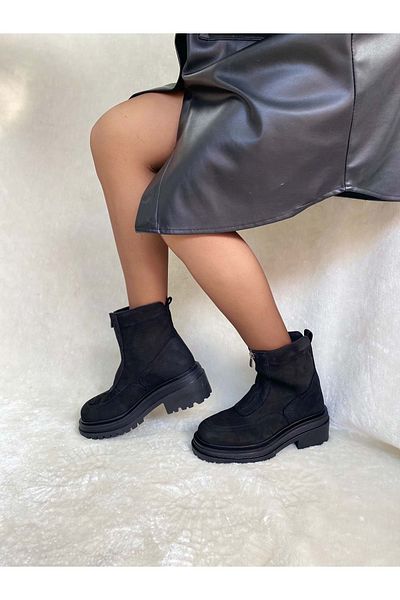 Burç Zippered Black Nubuck Leather Women's Boots - B18A