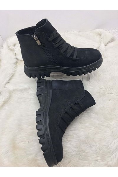 ÇİĞDEM KUNDURA Genuine Nubuck Leather Black Short Women's Boots - Ornamental Laced (B3A)