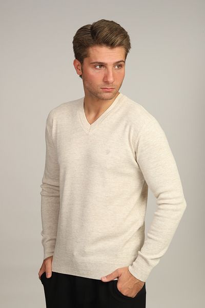 Mavi Soles Men's Ecru Regular Fit Plain V-Neck Knitwear Sweater