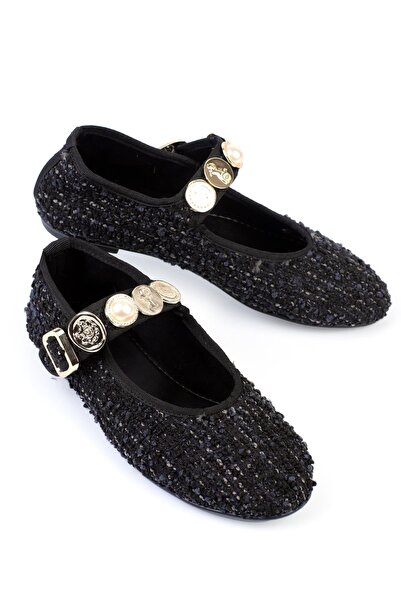 ShoeTek Monday Pantofi de damă Babet cu cataramă perlă, paie împletită, negru