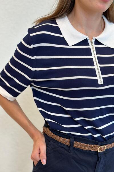 novon Premium Mercerized Knitwear - Polo Fleece, Zipper Collar, Striped