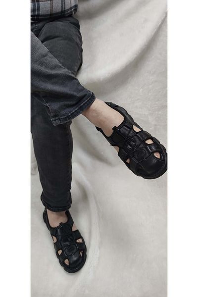 Voyager Sandale pentru bărbați - negru, piele naturală, velcro la spate (4870)