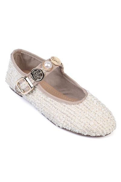 ShoeTek Balerini de damă White Straw Monday - Cataramă și țesut cu perle