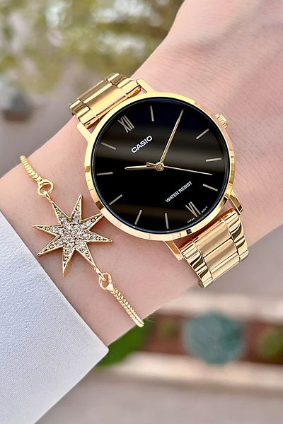 Casio Women Wrist Watch with Dial Black Cord Gold Color 24 Months Guarantee