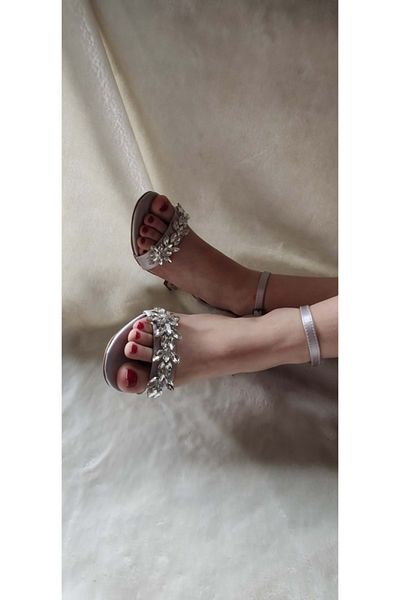 ÇİĞDEM KUNDURA Satin Gray Stoned Crocus Goblet Heel - Yzbş T3B