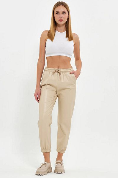 VERA LİFE Leather Jogger Pants with Elastic Waist and Legs, Ribbed Inside / Fleece Laced