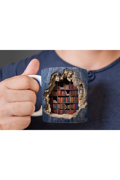 Evion Bookshelf Library Printed 3D Design Ceramic Mug - Gift Mug Cup