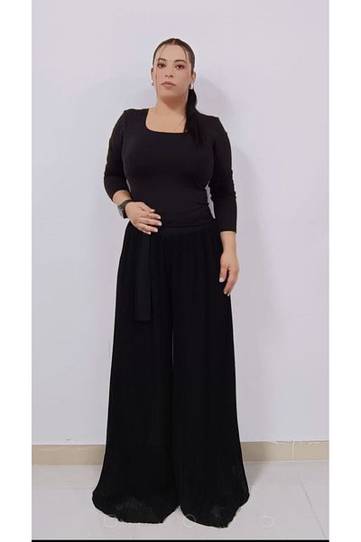 AKŞEN GİYİM LARGE SIZE TESETTURE SUITABLE PLEATED WAIST RUBBLE LINED CHIFFON PALAZZO MODEL EVENING DRESS PANT