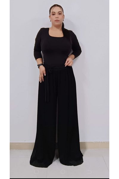 AKŞEN GİYİM LARGE SIZE TESETTURE SUITABLE PLEATED WAIST RUBBLE LINED CHIFFON PALAZZO MODEL EVENING DRESS PANT