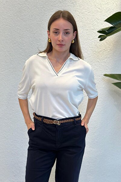 novon Polo Neck Contrast V-Neck Mercerized Knitwear (Size 34 - 42 Range)