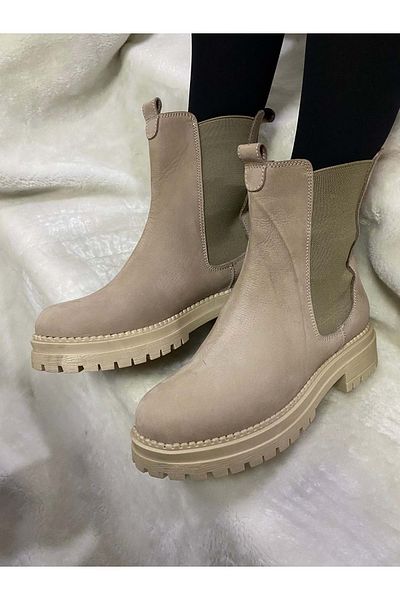 ÇİĞDEM KUNDURA Μπεζ Nubuck Δερμάτινες Πλαϊνές Ελαστικές Μπότες Crocus - ENZO B9A