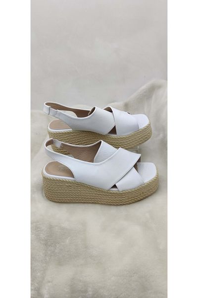 ÇİĞDEM KUNDURA Çiğdem Real Leather White Wedge Heel Sandals with Elastic Back (BLSSN15)