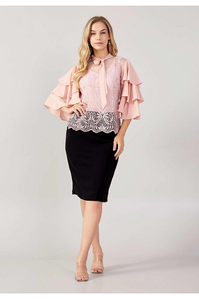 MİSS DİAMOND Short Sleeve Scarf Detailed Lace Powder Double Blouse