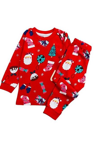 elmas kids Boy's 100% Cotton Crew Neck Red New Year Themed Long Sleeve Pajamas Set