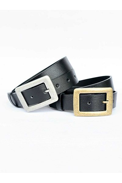 Kemerix 100% Genuine Leather Antique and Tin-Plated Black 2-Piece Belt Set with Buckle