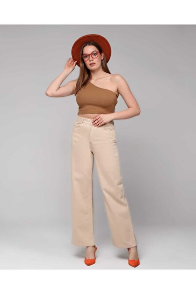 Vovikon Дамски габардин панталон с висока талия - широк крачол, кройка "бойфр...