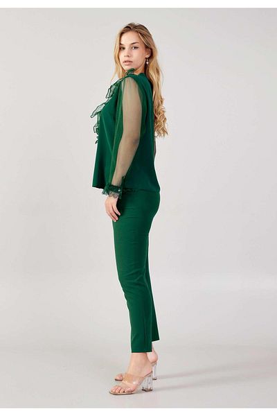 MİSS DİAMOND Jessica Fabric Green Blouse with Tulle Lace Detail on Sleeves