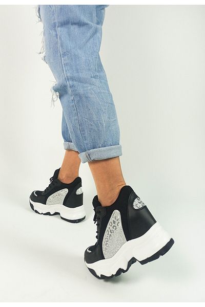 GDT Ayakkabı Black Color Silver Patterned Skin Hidden Wedge Heel Women's Sneakers