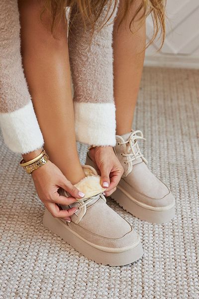 Ayakkabı Delisiyim Μπότες Heribo Beige Μάλλινες Εσωτερικές Χονδρές Σόλα Lace Up