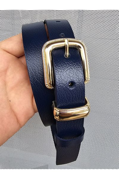 Kemerix 100% Genuine Leather Women's Navy Blue Belt with Gold Buckle