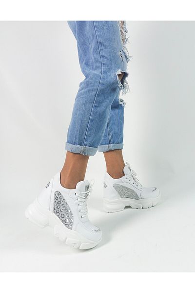 GDT Ayakkabı White Color Silver Patterned Skin Hidden Wedge Heel Women's Sneakers