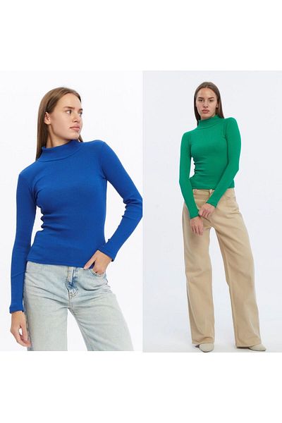 Wearflawless Bluză de iarnă tricotată cu mânecă lungă, cu gât cu nervuri, 2 piese