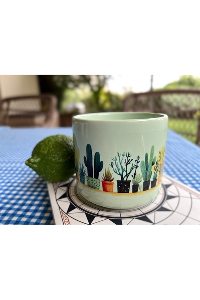 Clicksy Soft Yeşil Kaktüs Desenli Seramik Kupa - Yeşil Kulplu Doğal Temalı 20...