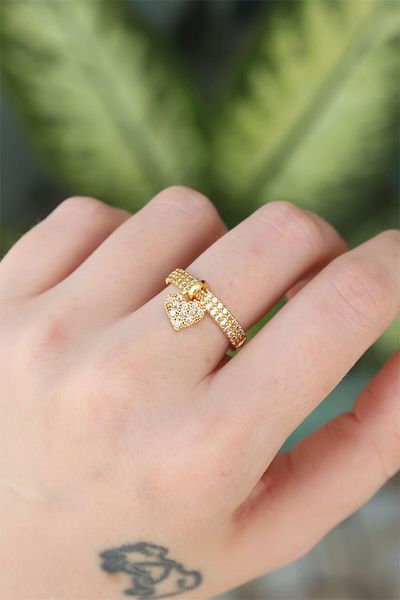 Skygo Brass Gold Zircon Cubic Zirconia Dangle Heart Ring - Adjustable Color TJ-BYK3194