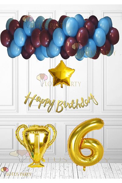 LOTUS PARTY Burgundy Blue Balloon Fan Birthday Set - Mug Foil Balloon - Age 6