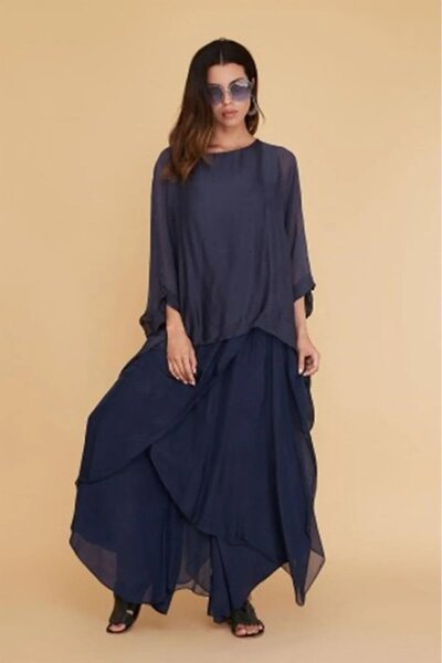 Bohem Stil Kadın Asimetrik Kapaklı Ipek Şalvar Pantolon