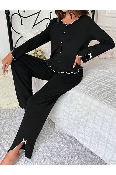 BLACK Set pijamale elegant pentru femei - fustă cu volan, mânecă lungă, gât rotund, cu nasturi