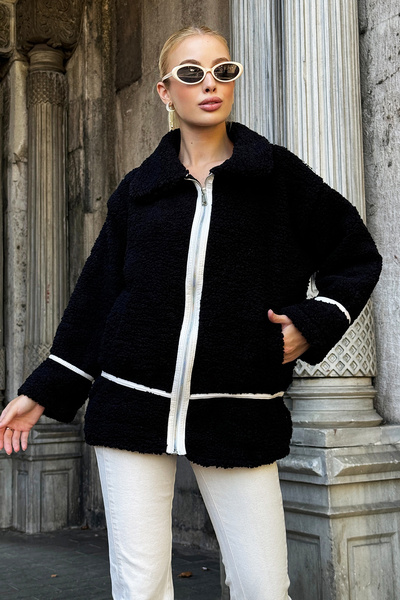 Trend Alaçatı Stili Dámská plyšová bunda s černým polo límcem s dvojitým prou...