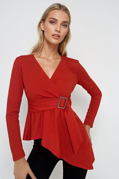 Trend Alaçatı Stili Red V-Neck Asymmetrical Cut Belt Double Breasted Blouse - Alc-X12967