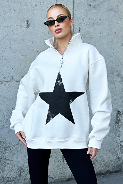 Trend Alaçatı Stili Dámská mikina se stojáčkem Ecru s polovičním zipem s hvězdným potiskem Alc-X12960