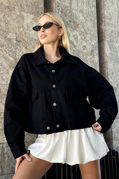 Trend Alaçatı Stili Дамско черно дънково яке с джобове и копчета Alc-X12961