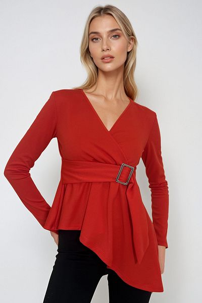 Trend Alaçatı Stili Red V-Neck Asymmetrical Cut Belt Double Breasted Blouse - Alc-X12967