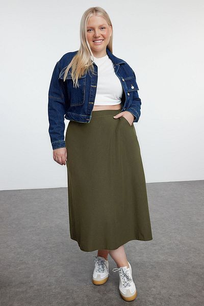 Trendyol Curve Green Maxi Zippered Woven Large Size Skirt with Elastic Back Tbbaw25Az00009