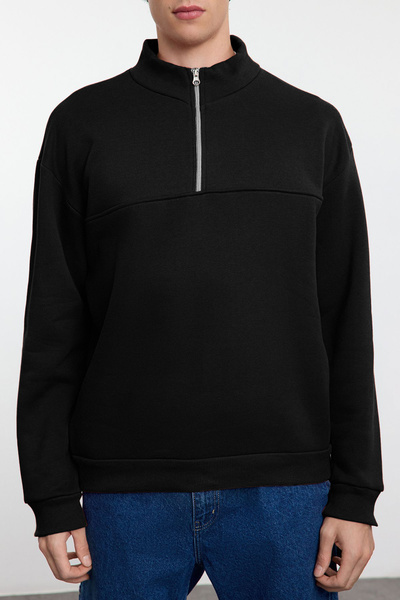 Trendyol Collection Černá fleecová/teplá oversize mikina na zip – stojáček Tmnaw25Sw00031